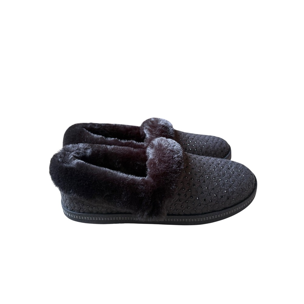 Skechers Memory Foam Slippers Womens 7 Black Faux Fur Rhinestone Loungewear